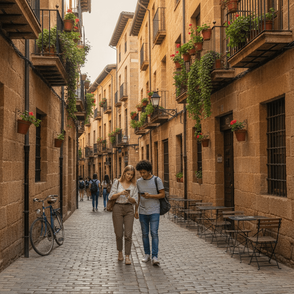 International students searching for accommodation in a Salamanca university neighbourhood, historic streets with golden stone architecture