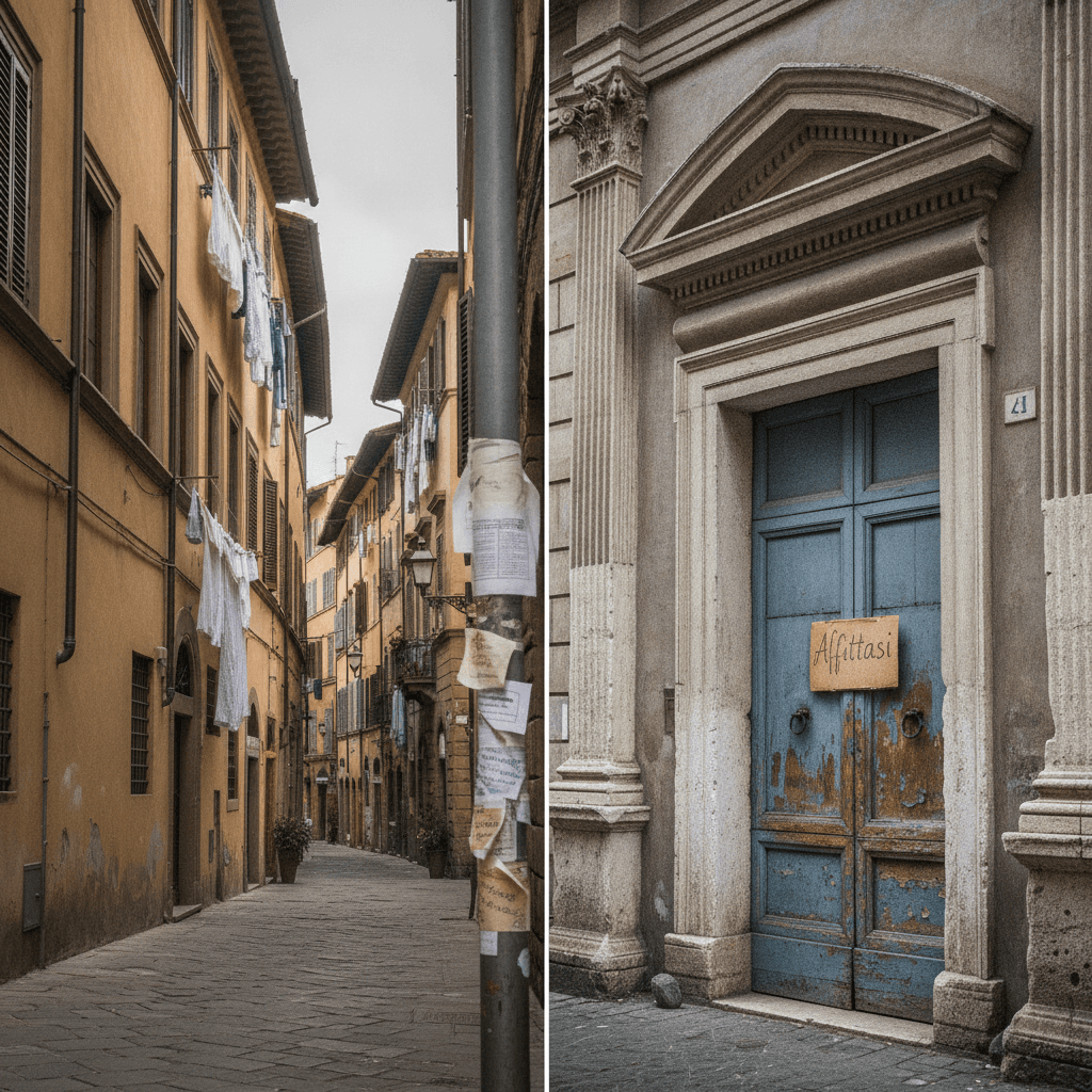 Callejuela florentina y calle romana con cartel de alquiler, símbolo de la escasez de alojamiento y del encarecimiento del alquiler para estudiantes en Florencia y Roma en 2026