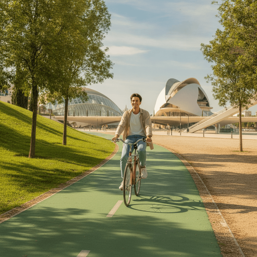 Estudiante Erasmus en bicicleta en el Parque del Turia en Valencia con la Ciudad de las Artes y las Ciencias al fondo — mejor relación calidad-precio para el Erasmus en España